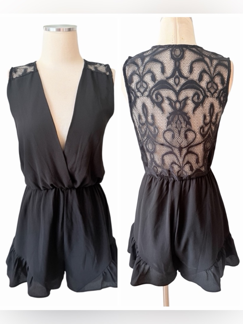 Pixi + Ivy Black Lace-Back Deep V Romper Sz M